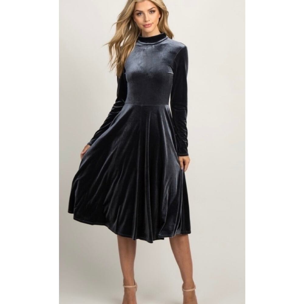 Pinkblush Women’s Gray Velvet Velour A Line Long Sleeve Midi Dress Sz L